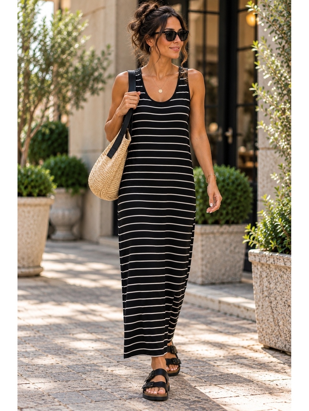 Zanzea Black and White Striped Sleeveless Maxi Dress Size 12